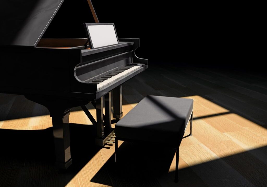 a piano with sun ray cast on it